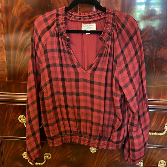 Anthropologie, large Merlot and black plaid blouse, long sleeved - Picture 1 of 7